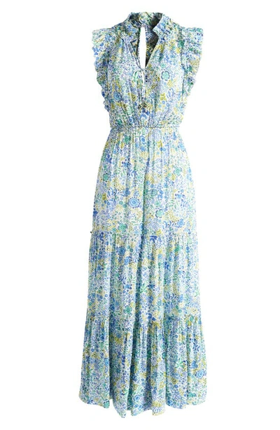 Poupette St Barth Belene Floral Tiered Ruffle Cover-up Jumpsuit In White Blue Nature