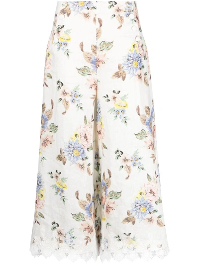 Zimmermann Applique 裙裤式花卉图案亚麻高腰长裤 In White