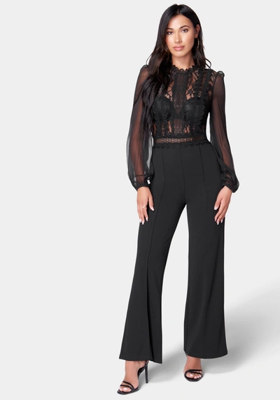 Bebe Lace Top Straight Leg Jumpsuit In Jet Black