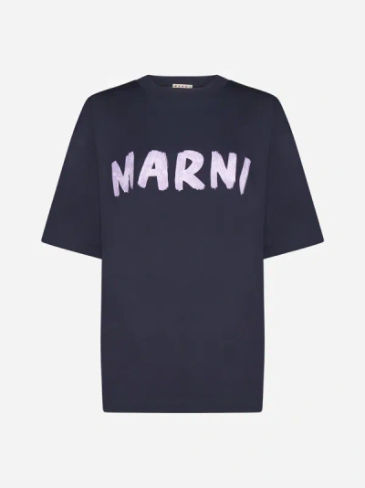 Marni Logo大廓型棉质平纹针织t恤 In Blue