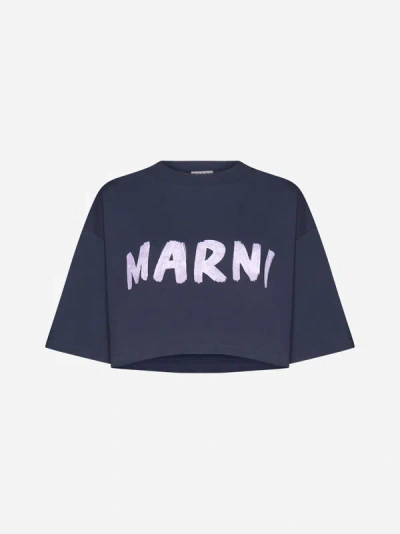 Marni Logo-print Cropped Cotton T-shirt In Dark Blue