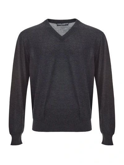 Dolce & Gabbana Dark Grey V-neck Cashmere Sweater In Gray