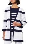 Ming Wang Rib Stripe Sheer Knit Jacket In White/ Indigo