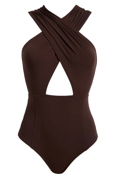 Ulla Johnson Kieran Crossover High-neck One-piece Swimsuit In Espresso