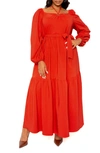 BUXOM COUTURE O-RING LONG SLEEVE TIERED MAXI DRESS