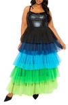BUXOM COUTURE BUXOM COUTURE COLORFUL TIERED FAUX LEATHER & TULLE MAXI DRESS