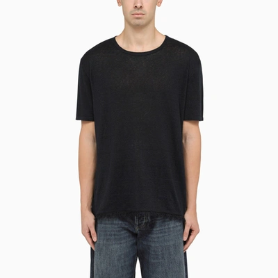 ALANUI ALANUI DARK BLUE LINEN CREW NECK T SHIRT WITH DETAILS