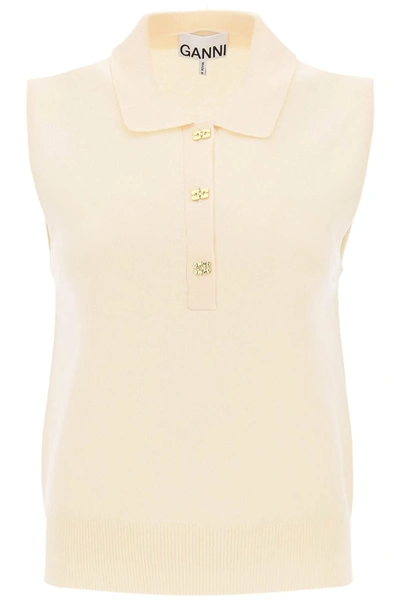 Ganni Sleeveless Polo Shirt In Wool And Cashmere In Beige