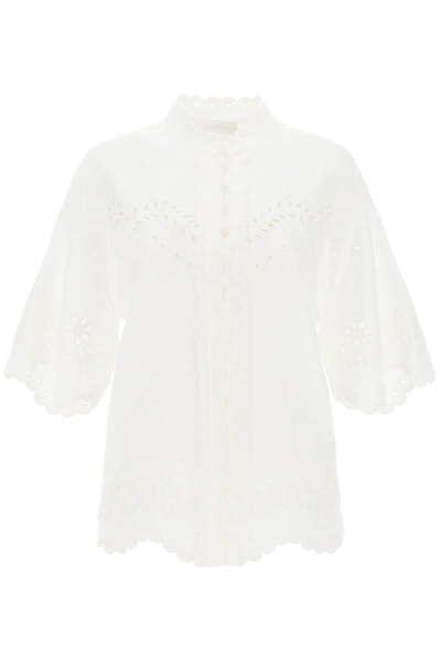 Zimmermann Junie Tunic Shirt With Cutwork Embroideries In White