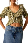 Free People Women's Favorite Girl Ruffle Floral Cotton Crop Blouse In Army Combo