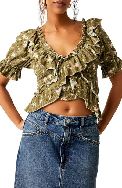 Free People Women's Favorite Girl Ruffle Floral Cotton Crop Blouse In Army Combo