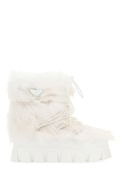 Prada Shearling Ankle Boots In White