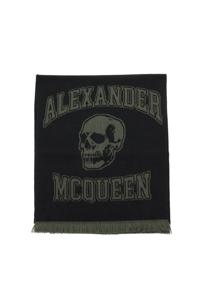 Alexander Mcqueen Varsity Logo Wool Scarf In Black,khaki