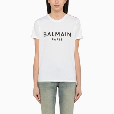 Balmain White Crew Neck T Shirt With Logo In Bianco E Nero