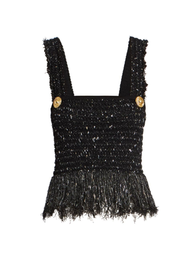 Balmain Fringe Tweed Peplum Bra Top In Black