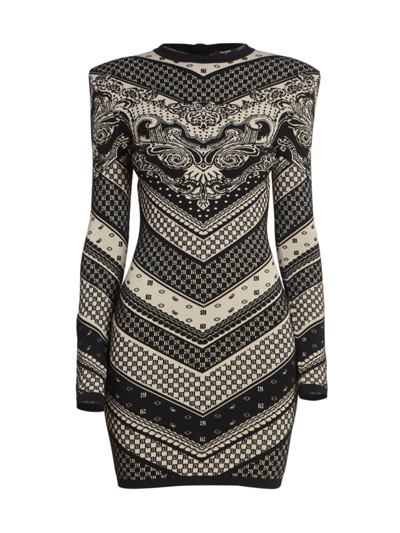 Balmain Paisley And Monogram Intarsia Body-con Mini Dress In Black