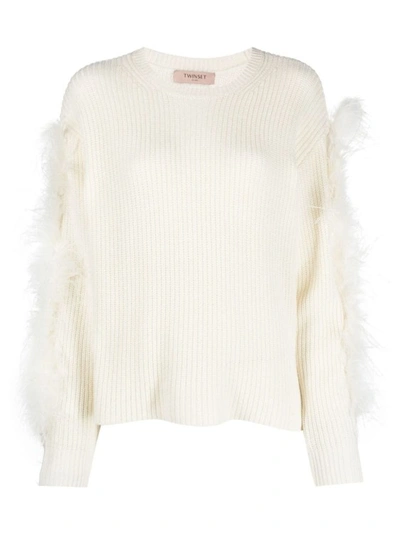 Twinset Feather-trimmed Ribbed-knit Jumper In White