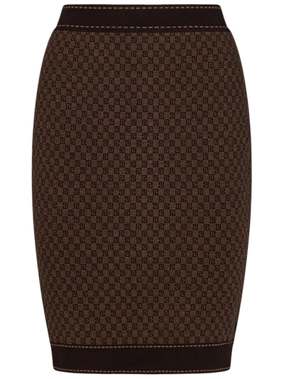 Balmain Mini Monogram Knitted Knee Skirt In Brown