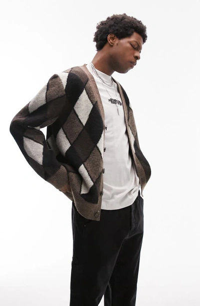 Topman Hand Drawn Argyle Cardigan In Brown