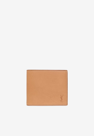 Saint Laurent Men's Cassandre Shadow Leather East/west Bifold Wallet W/ Coin Pouch In Beige