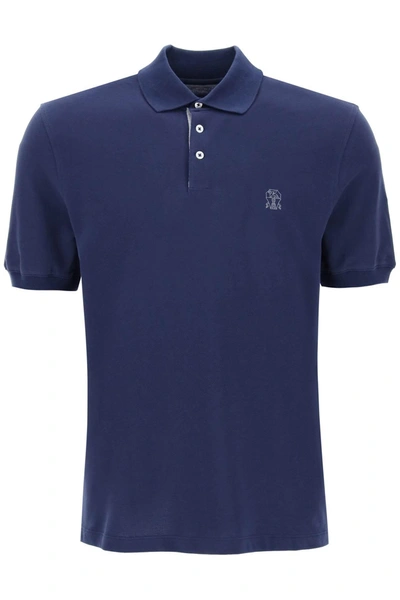 Brunello Cucinelli Logo Blue Polo Shirt In Prussian Blue,grey