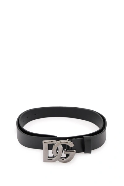 Dolce & Gabbana Lux Leather Belt With Crossed Dg Logo Men In Black