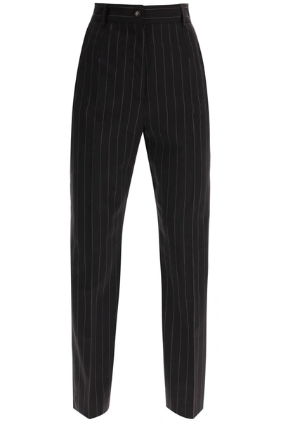 Dolce & Gabbana Pinstriped Wool Trousers In Brown