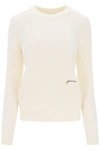 Ganni Womens Egret Logo-embroidered Round-neck Alpaca-blend Jumper In White