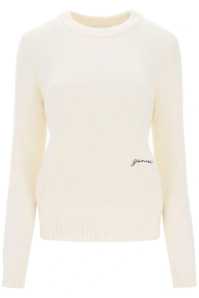 Ganni Womens Egret Logo-embroidered Round-neck Alpaca-blend Jumper In White