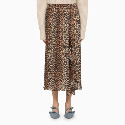 Ganni Leopard Pleated Georgette Midi Flounce Skirt In Almond Milk