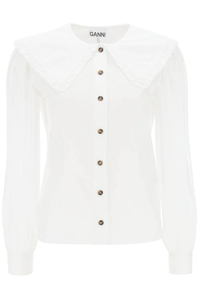 Ganni Cotton Shirt With Oversized Collar In White