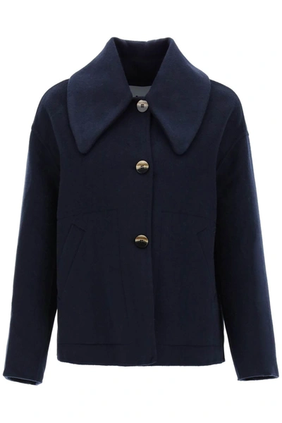 Ganni Peacoat With Maxi Collar In Blue