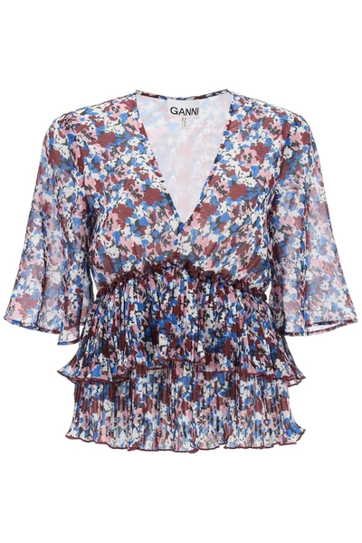 Ganni Floral-print V-neck Pleated Blouse In Multicolor