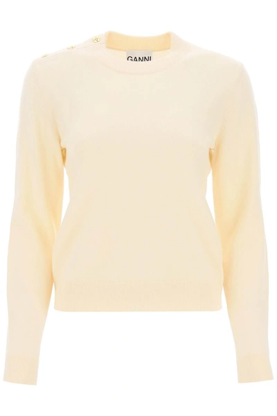 Ganni White Cashmere Mix O-neck Pullover In Beige