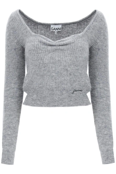 Ganni Jumper With Sweetheart Neckline In Grey