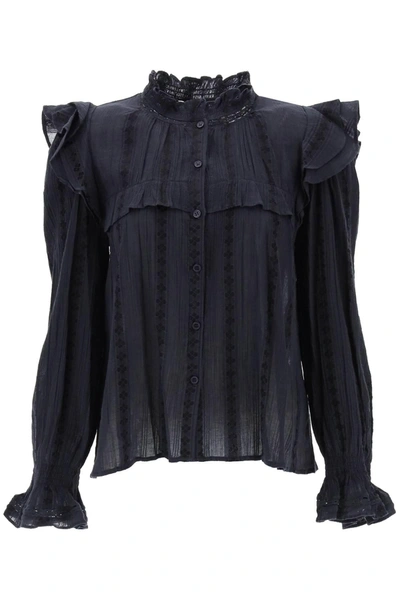 Marant Etoile Jatedy Ruffled Crochet-trimmed Cotton-blend Crepon Blouse In Black