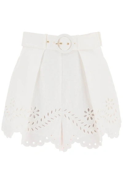 Zimmermann Women's Junie Belted Eyelet-embroidered Linen Shorts In White