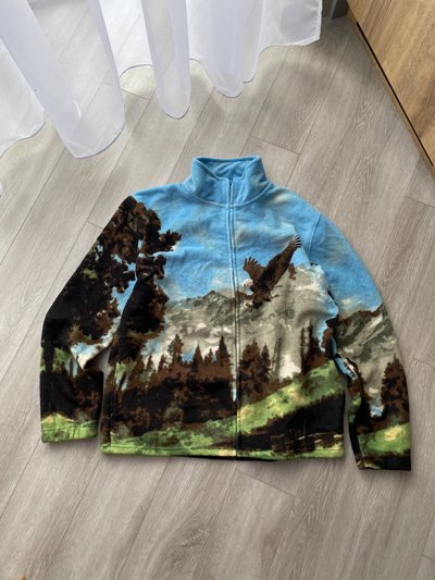 Pre-owned Outdoor Life X Vintage Fleece Jacket All Over Print Eagle Sherpa Animal 90's In Blue