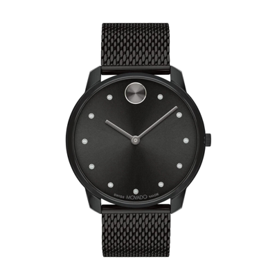 Pre-owned Movado Bold Thin 42mm Crystal Accent Dial Black S/steel Mesh Band Watch 3600904