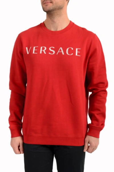 Pre-owned Versace Men's Red Logo Embroidered Crewneck Sweatshirt