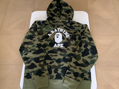 Pre-owned Bape Authentic A Bathing Ape  1st Camo College Pullover Hoodie Green Men's Xl
