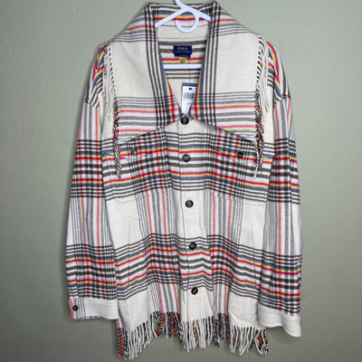 Pre-owned Polo Ralph Lauren Womens  Wool Plaid Fringe Trimmed Shirt Jacket Size Xl Coat In Multicolor