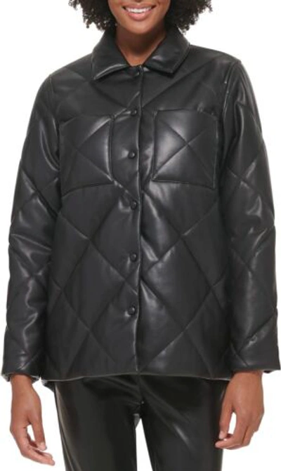 Pre-owned Calvin Klein Women's Faux Leather Button Front Quilted Jacket In Black