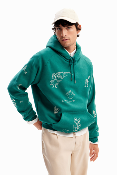 Desigual Embroidered Hoodie In Green