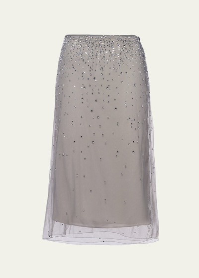 Prada Crystal-studded Tulle Midi-skirt In Granite Gray