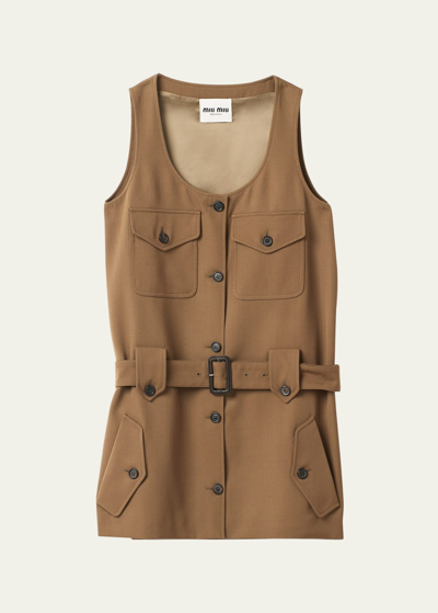 Miu Miu Utility Belted Wool Mini Dress In Cork Beige