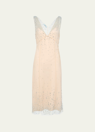 Prada Crystal-embellished Tule Midi Dress In F0770 Cammeo