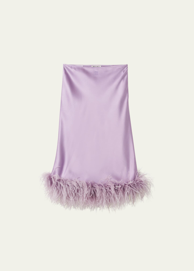 Miu Miu Feather-trimmed Satin Midi Skirt In Lilac