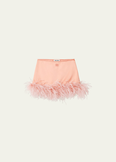 Miu Miu Feather-trim Mini Skirt In F0311 Corallo