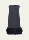 PRADA MAT FEATHER-HEM MINI DRESS WITH CRYSTAL BUTTONS